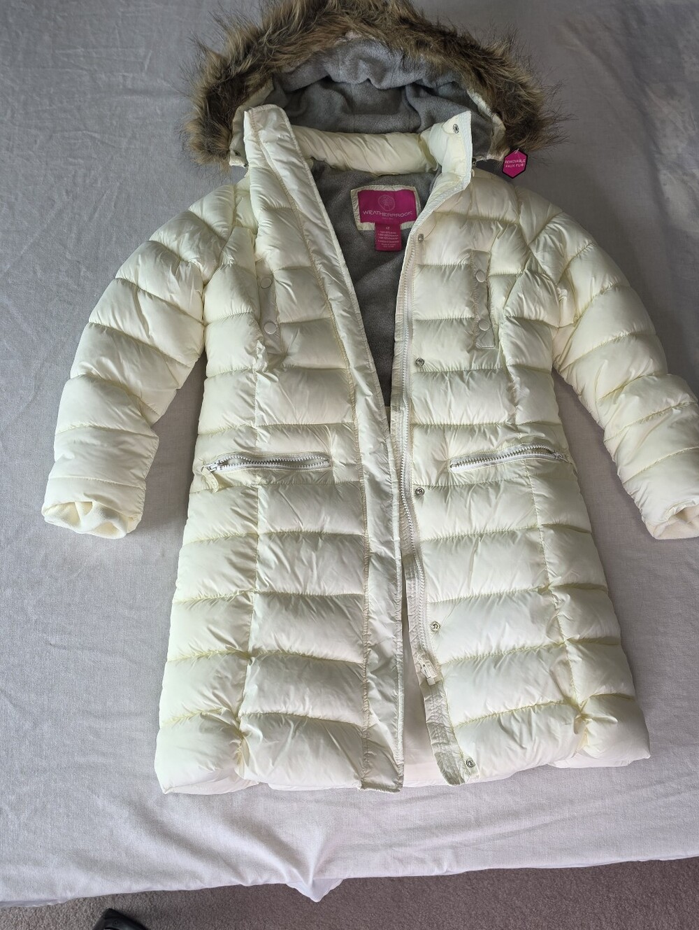 Weatherproof Girl's Ivory Quilted Puffer Coat Faux Fur Hood Parka Size 12 NWOT